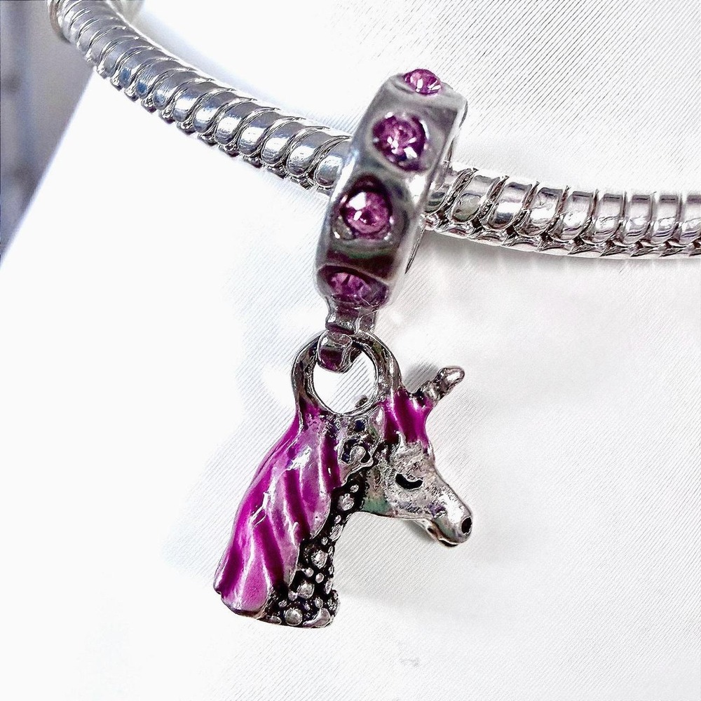 Bead Charm Fits Snake Chain Bracelet Unicorn Purple Rhinestone